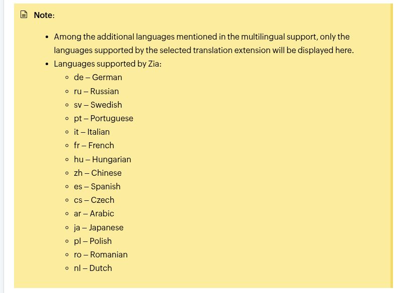 Official list of 15 languages supported by Zoho Desk Zia article auto-translation