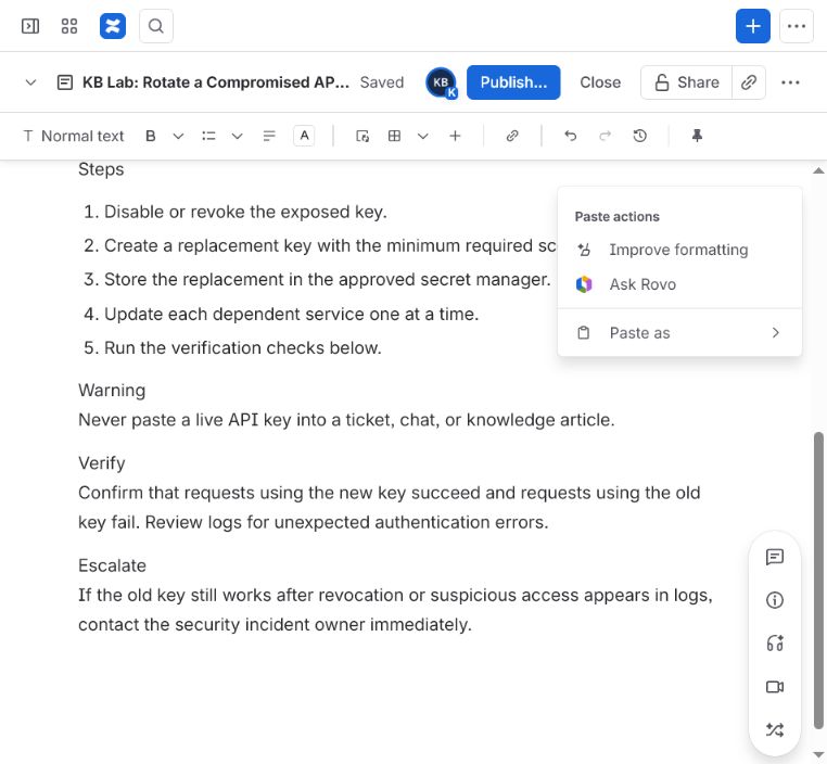 Confluence Cloud editor showing the controlled API key support article after the paste test