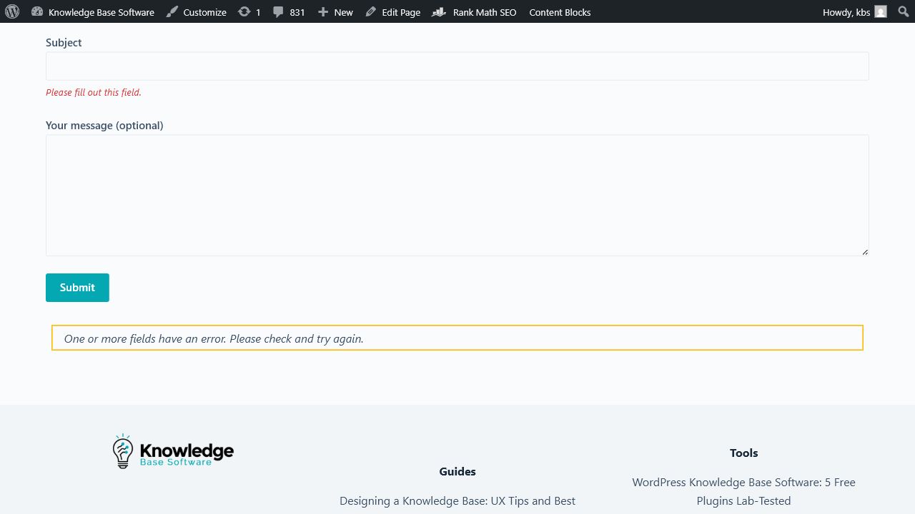 Contact form empty-submit test showing the subject error, Submit button, and overall validation summary on July 29, 2026