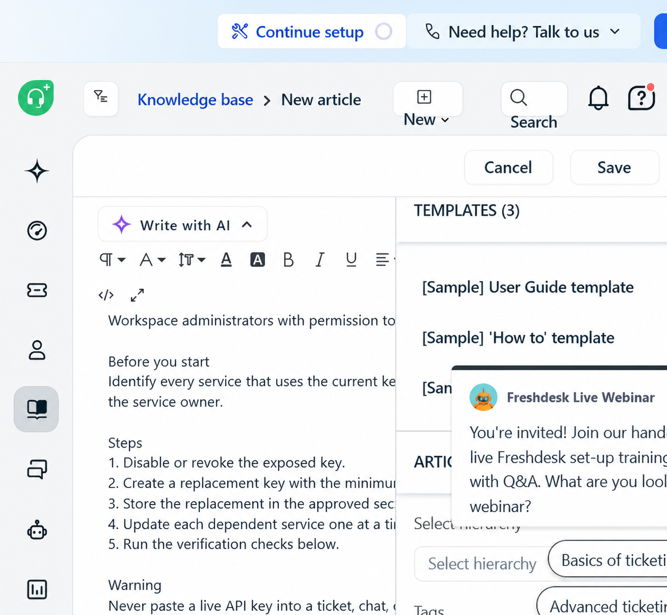 Freshdesk knowledge base article form showing required hierarchy, separate save and publish controls, and SEO fields