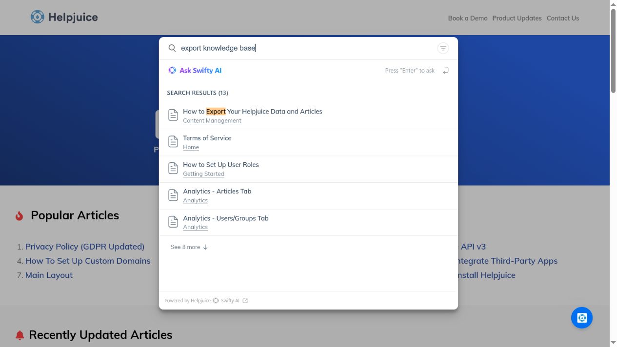 Helpjuice public search showing export knowledge base results